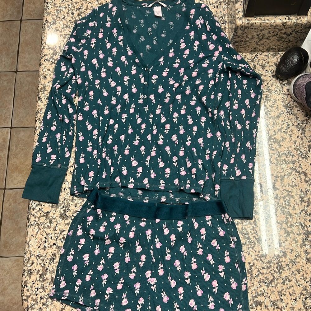 Victoria’s Secret pajamas. Thermal shirt and shorts. Green with pink flowers.